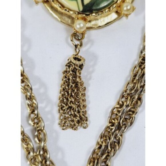 Vtg Gold Tone Rose Pendant Locket Necklace W/ Faux Pearls & Tassel Chain - Picture 5 of 8